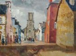 Rue Animee A L'eglise by Edmond Ceria