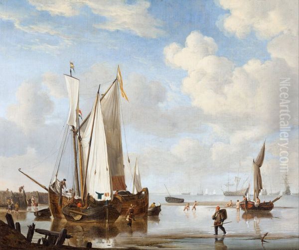 A wijdschip and a kaag in an inlet close to a sea-wall - view 1