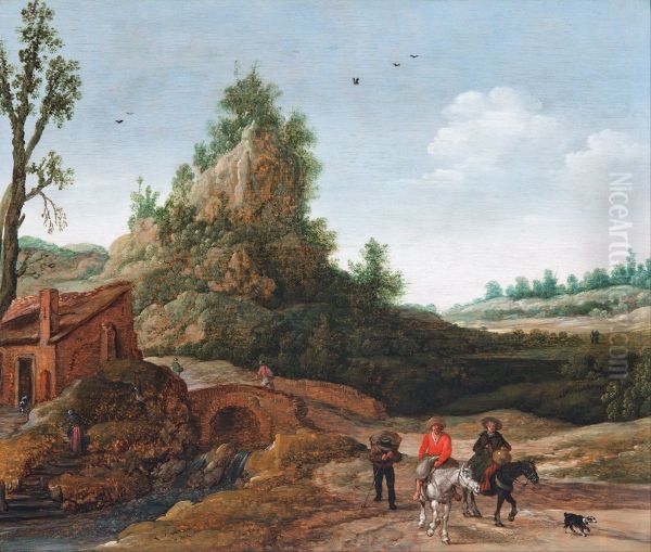 A landscape with travellers crossing a bridge before a small dwelling, horsemen in the foreground - view 1