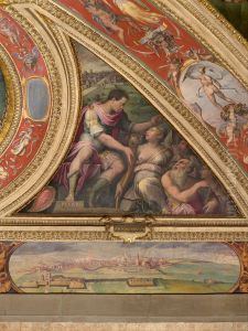 Allegory of Pisa; to the bottom, view of Siena