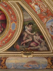 Allegory of Prato; to the bottom, view of Livorno by Giorgio Vasari
