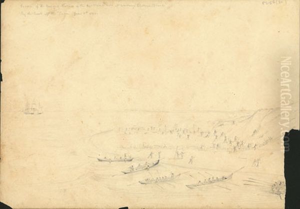 Rescue of the Besieged Natives of the Ngatitama Tribes of Waitangi, Chatham Islands, by the boats of the Cuba, June 8th 1840 - view 1