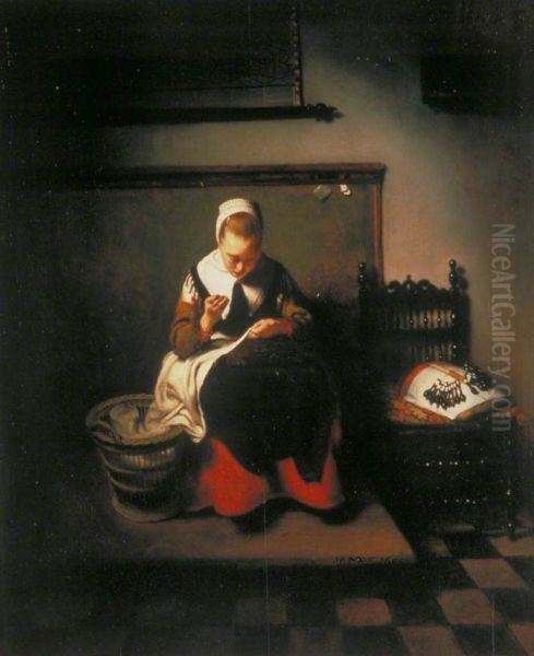 A Young Woman Sewing - view 1