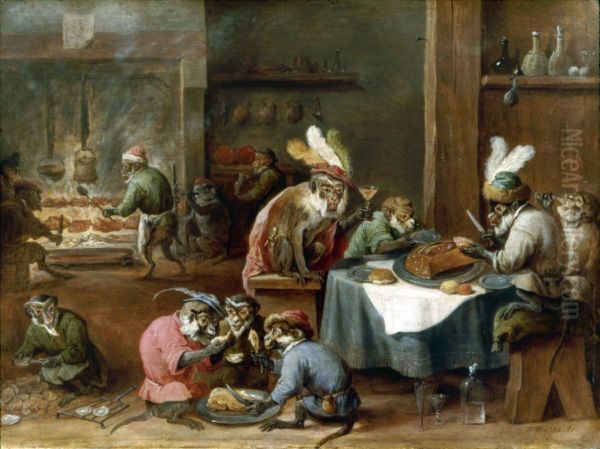 Monkeys having a meal in a kitchen - view 1