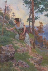Jeune Femme Cueillant Des Fleurs by Leopold Cerny