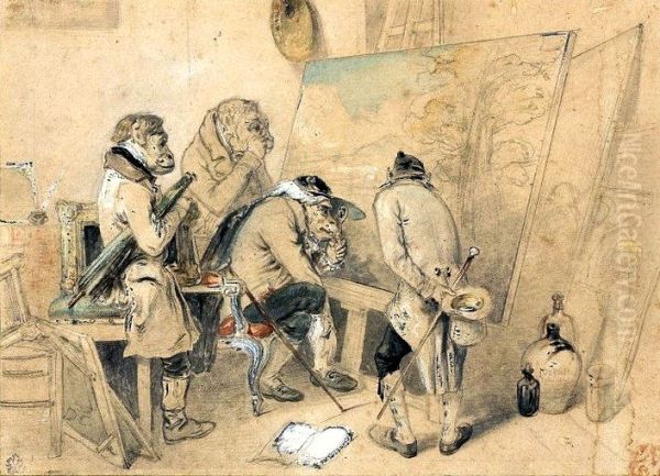 Experts in the painter's atelier (Ape-men examining a painting)Francais:Experts dans l'atelier du peintre (Hommes-singes examinant un tableau)Polski:Rzeczoznawcy w pracowni malarza (Malpoludy badajace obraz) - view 1