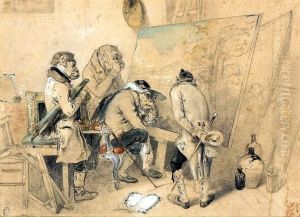 Experts in the painter's atelier (Ape-men examining a painting)Francais:Experts dans l'atelier du peintre (Hommes-singes examinant un tableau)Polski:Rzeczoznawcy w pracowni malarza (Malpoludy badajace obraz) by Alexandre-Gabriel Decamps