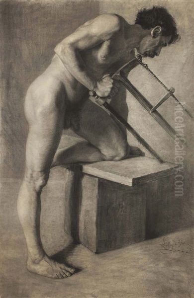 Male nude sawing a board. - view 1