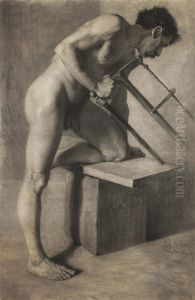 Male nude sawing a board. by Ignacy Lopienski