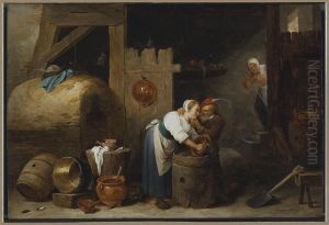 Interior with a young woman scrubbing pots while an old man troubles her
