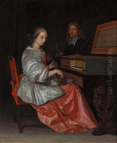 Woman at a virginal with a cittern on her lap, accompanied by a man - view 1