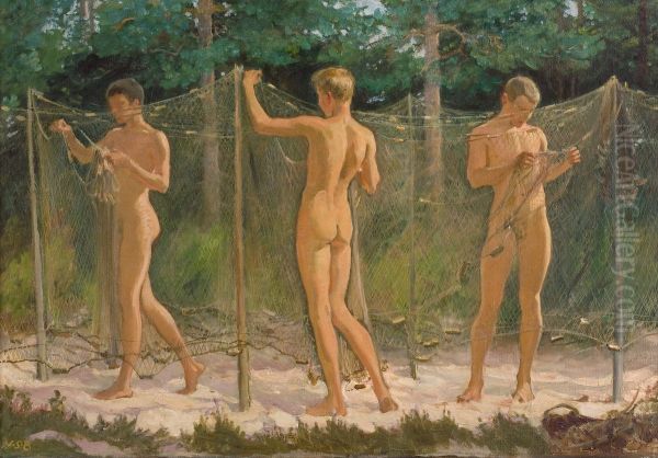 Boys Gathering a Fishing Net - view 1