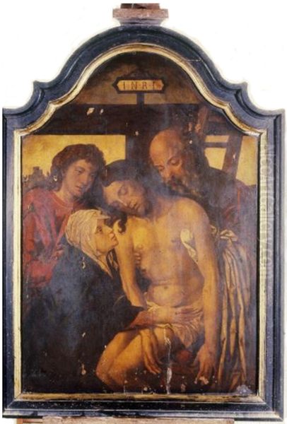 The Descent of The Cross. With the Virgin, St. John and Joseph of Arimathea. Jesus, in the center, is shown to below the knees. - view 1