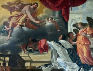 Saint Louis recevant la couronne d'epines des mains du Christ apparaissant a lui by Simon Vouet