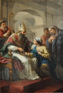 Saint Germain l'Auxerrois giving Saint Genevieve a medaille