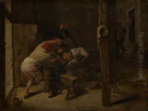 Keilerei zwischen funf Bauern by Adriaen Brouwer