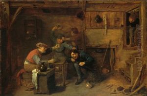 Vechtende kaartspelers in een herberg