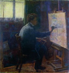 Self Portrait with easel by Raffaello Gambogi
