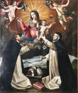 sainte Catherine de Sienne et saint Dominique recevant le rosaire des mains de la Vierge by unknown