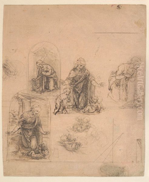 Compositional Sketches for the Virgin Adoring the Christ Child, with and without the Infant St. John the Baptist; Diagram of a Perspectival Projection (recto); Slight Doodles (verso) - view 1
