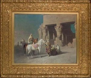 Chefs Bedouins Devant Le Temple De Kom-ombos En Haute-egypte by Felice Cerruti-Beauduc