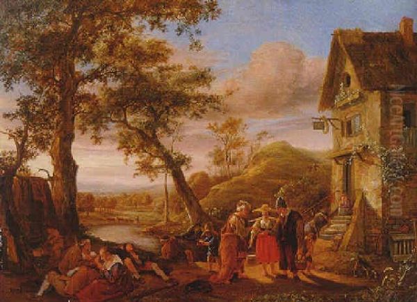 A landscape with peasants resting by an inn and a gypsy woman reading a man's palm - view 1