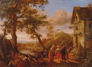 A landscape with peasants resting by an inn and a gypsy woman reading a man's palm