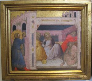 Stories of St. Nicholas. Saint Nicholas presenting Gifts to Three Pool girls by Agnolo Gaddi