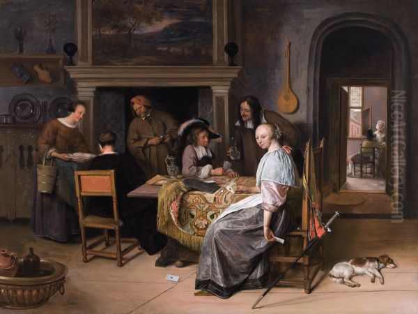 Company playing cards in an interior - view 1