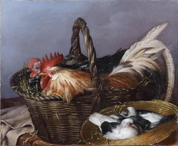 Un Coq Et Une Poule Dans Un Panier Et Des Pigeonneaux Dans UnChapeau De Paille - view 1