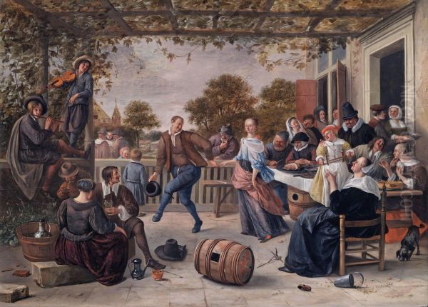A terrace with a couple dancing to a pipe and fiddle - view 1