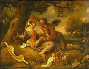 Frolicking couple in a landscape by Jan Steen