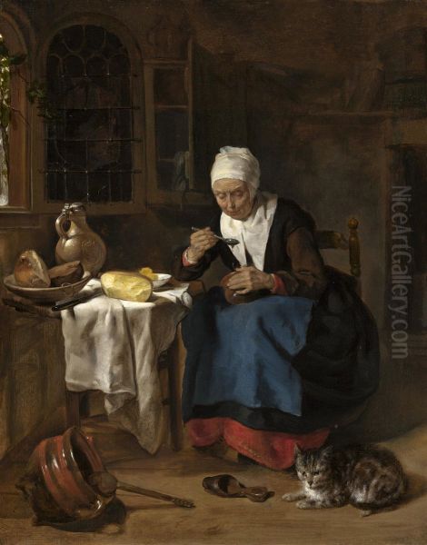 Old woman eating porridge - view 1