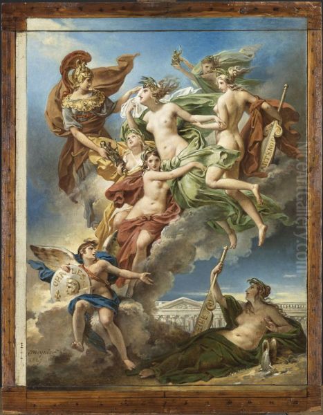 Les Nymphes de Parthenope, emportant loin de leurs rivages les Penates, images de leurs dieux, sont conduites par la deesse des Beaux-Arts sur les bords de la Seine, esquisse - view 1