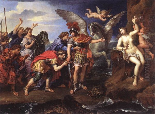 Metamorphoses d'Ovide:le roi de Grece Cephee et la reine Cassiopee remercient le heros Persee d'avoir delivre leur fille Andromede, offerte en sacrifice a un monstre marin.[1]Source:http://www.wga.hu/frames-e.html?/html/m/mignard/pierre/perseus.html - view 1