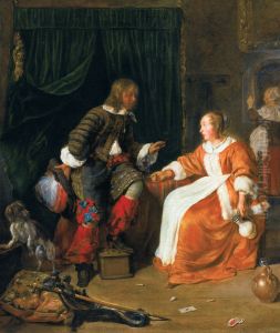 Woman offering a glass of wine to a man by Gabriel Metsu