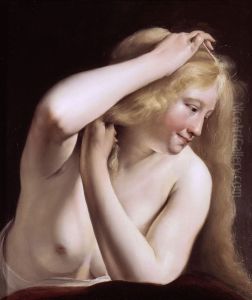 Barebreasted woman combing her hair by Salomon de Bray