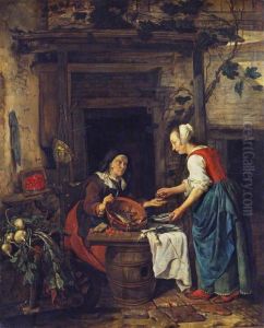 Woman selling fish and a customer by Gabriel Metsu