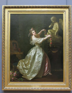 Jeune fille s'appretant a orner la statue de l'Amour d'une guirlande de fleurs