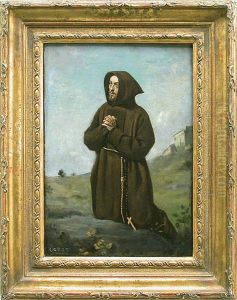 Moine brun en priere, a genoux. by Jean-Baptiste Camille Corot