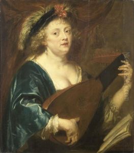 Portrait of a woman playing a lute by Jan van den Hoecke