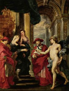 "The Negotiations at Angouleme", showingMarie de' Medici, Queen of France, consenting to negotiations with her sonLouis XIII". Painting from the "Marie de' Medici cycle" byPeter Paul Rubens. by (studio of) Rubens, Peter Paul