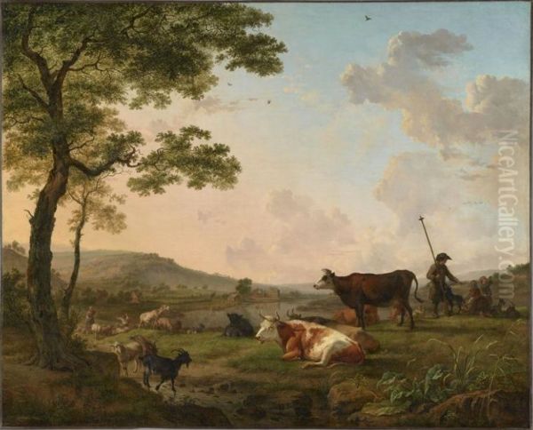 Herd in a meadow near a river - view 1