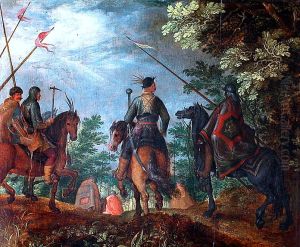 Marche de cavaliers polonais (ou hongrois?) dans un bois