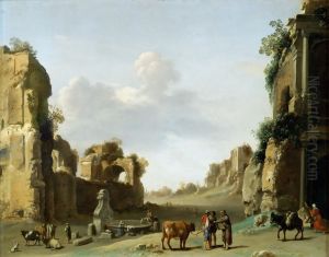 Capriccio of Roman ruins with figures and cattle, Castel Sant' Angelo in the background