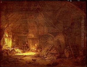 Cottage interior with a family around the hearth Cottage interior with a family around the hearth