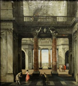 Gezicht in de hal van een barok paleis met doorzicht naar een tuin by Isaak van Nickelen