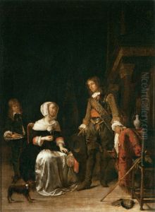 Soldier with a young woman and a servant in a distinguished interior by Gabriel Metsu