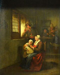 Scene d'interieur: Femme allaitant son enfant et homme accoude a une fenetre