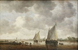 Two Sailboats on a River with Cattle on the Riverbank by Jan van Goyen